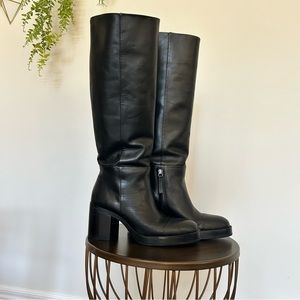 Leather tall chunky heeled boots